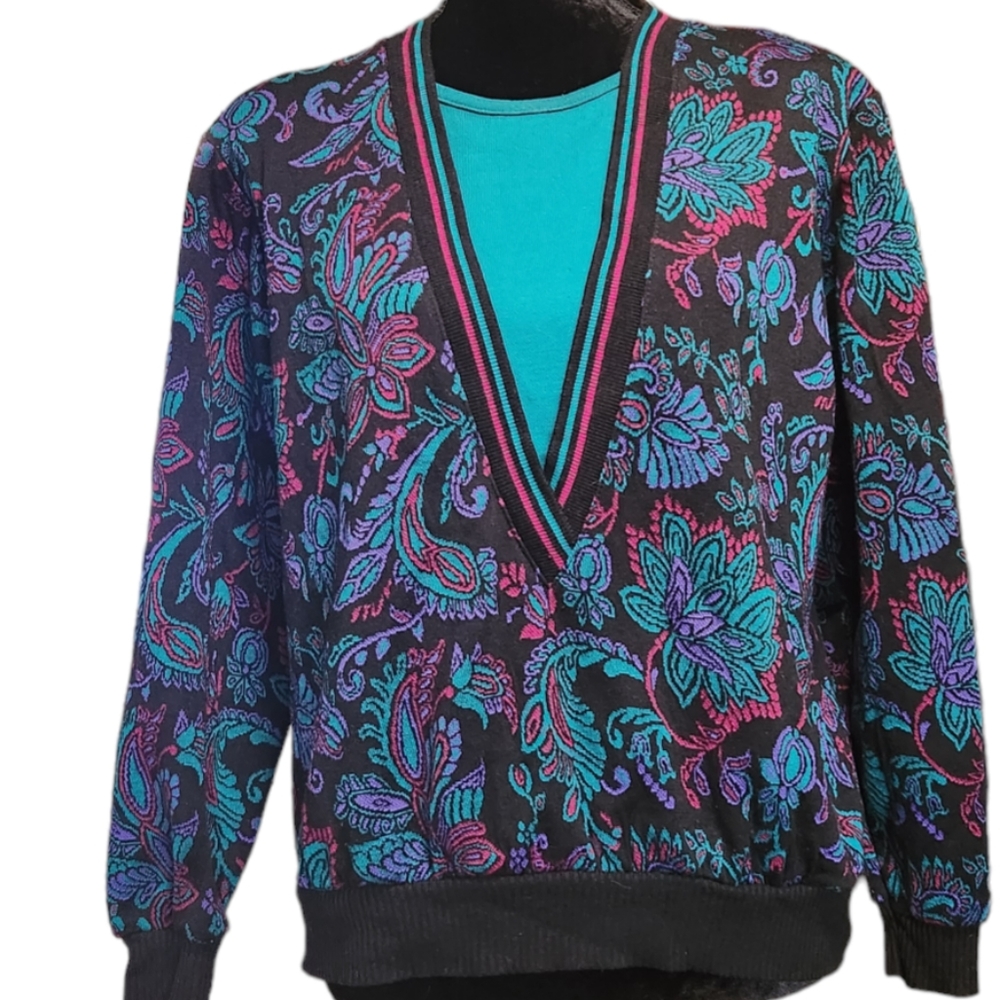 Vintage 80s Floral Paisley Layered Granny Sweater Top